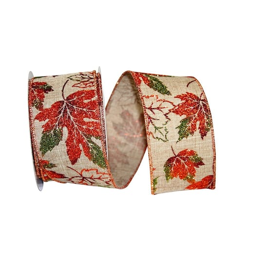 JAM Paper 2.5" x 10yd. Faux Linen Wired Glitter Leaves Ribbon